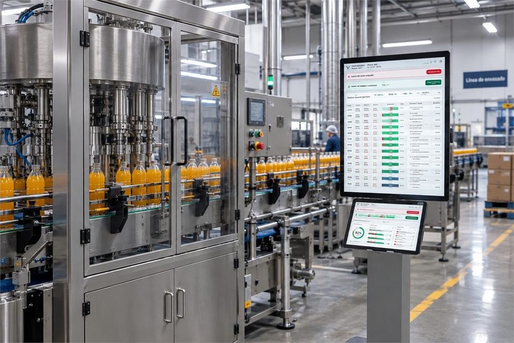 Planta de alimentos y bebidas con YUZIOT en el televisor de línea y la tablet