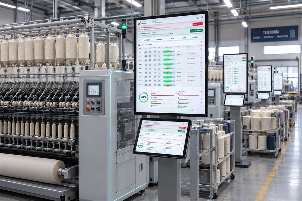 Planta textil con YUZIOT en el televisor de línea y la tablet